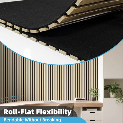 Art3d 2-Pack Acoustic Wood Slat Wall Panel with Roll-Flat Design - 95.3 x 23.8 Inch Sound Absorbing Panels for Living Room Columns Corridor Curved Wall Decor, Oak