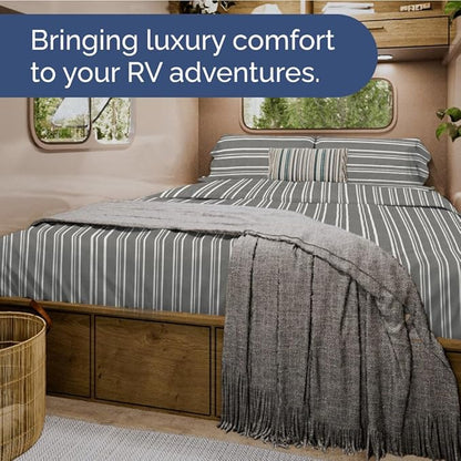 RV Short Queen Sheet Set 60 X 75 - 4 Piece RV Short Queen Bed Sheets - Soft, Breathable & Cooling - Designed for Bunks, Trailers & Campers - Fits 8” to 12" Mattress - Luxury Bedding - Grey Stripes 3