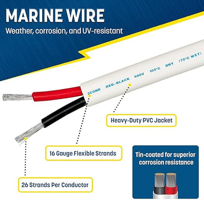 GS Power 100 Ft Duplex Marine Wire, 16 Gauge Wire, Oxygen-Free Tinned Copper 16 AWG Electrical Boat Wiring, Sheathed Copper Marine Grade Electrical Cable for Boat Automotive RV Camper Trailer