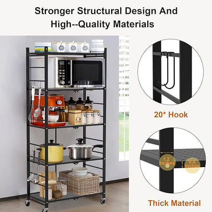 Himix Storage Shelves with 20 Hooks, 5-Tier Collapsible Organization Storage Rack Bookshelf Folding Pantry Shelves Cube Shelf Wire Shelving Holds 440 Ibs for Garage Kitchen Room, Black