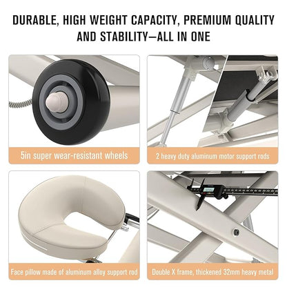 Heavy Duty Electric Massage Table, Electric Lift and Electric Backrest 2 Motor Adjustable for Treatment / Medical Spa / Facial Bed / Beauty Bed / Massage Bed and More - 32 Wide x 75 Long, Beige Gray