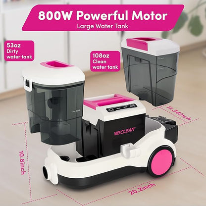 WECLEAN Carpet Cleaner Machine and Stain Remover for Deep Cleaning Upholstery for Carpets Rugs and Fabric Seats,800W 18Kpa，3L Clean Tank and 1.5L Dity Tank, Pink