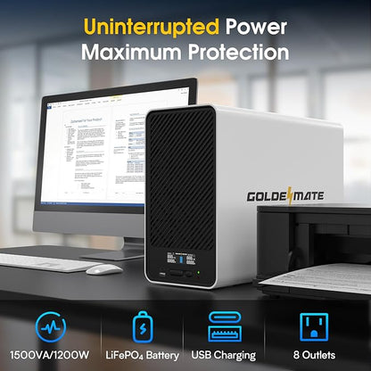 GOLDENMATE 1500VA/1200W Lithium UPS Battery Backup and Surge Protector, Backup Battery Power Supply with LiFePO4 Batteries(296Wh), AVR, Line Interactive Sinewave UPS System, 8 Outlets, LCD Display