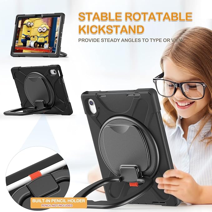 BRAECN Case for iPad (A16) 11th/10th Generation 11”/10.9'' 2025/2022, Protective Silicone Rugged with Screen Protector/Swivel Ring Stand/Stable Kickstand/Handle Grip/Shoulder Strap for Kids, Black