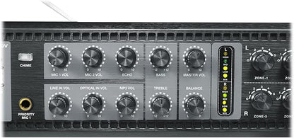 Rockville PRE-70V 8-Zone Stereo Preamp Mixer with Bluetooth, USB/SD/FM, Mic Inputs, Chime, Bass/Treble Control, for 70V Audio Systems