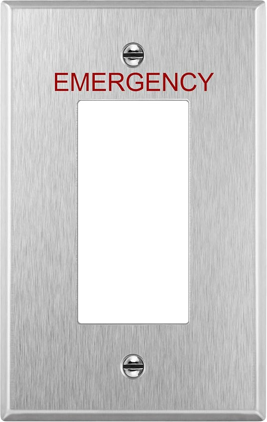 ENERLITES Decorator Switch or Outlet Metal Wall Plate with Emergency Label, 430 Stainless Steel, Corrosion Resistant, Mid-Size 1-Gang 4.88" x 3.11", UL Listed, 7731M-E, Silver