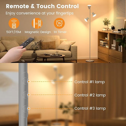 SIBRILLE 36W LED Tree Floor Lamp, Dimmable Tall Standing Lamp with Remote & Touch Control, 4 Color Temperatures Bright Floor Lamp, 3 Rotatable Light Modern Floor Lamps for Living Room Bedroom Office