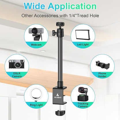 Ailight Camera Desk Mount Webcam Stand, Adjustable Table Camera Stand with 1/4" Screw & C Clamp Overhead Tripod Webcam Mount for Logitech Obsbot insta360 Anker and Others