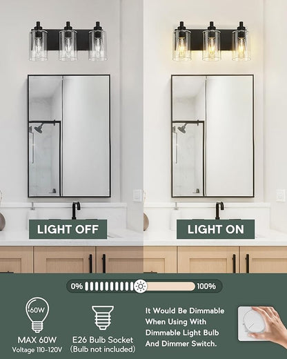METWET 3-Light Bathroom Light Fixtures, Black Vanity Light with Cylinder Clear Glass Shade, Modern Vanity Lighting Fixtures Over Mirror, VL143-MB-3