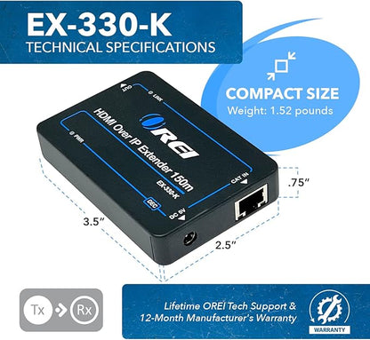 OREI HDMI Extender Over IP- 1080p@60Hz Upto 330Ft with CAT6/7 Cable (Receiver only) (EX-330-K)