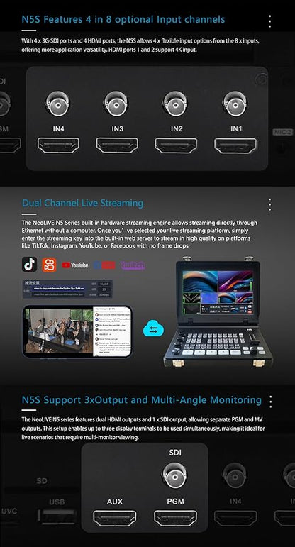 SPROLINK NeoLIVE N5S 5 Input Channels Video Streaming switcher Laptop Design with 10.1inch Screen, with Dual 4k inputs, Support MV and PGM outputs (Neolive N5S)