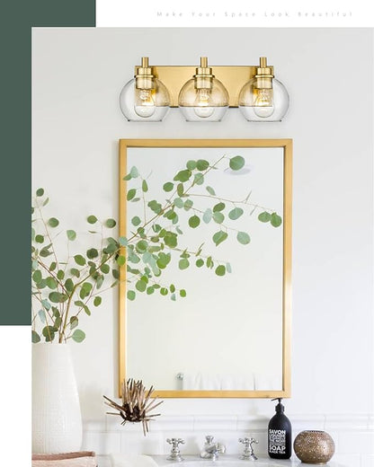 METWET Bathroom Light Fixtures, 3-Light Brushed Gold Vanity Light, Modern Wall Sconces with Clear Glass Globe Shade, Bathroom Wall Lights for Mirror Kitchen Bedroom Hallway Living Room, VL195-GD-3