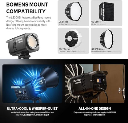 Godox Litemons LE300Bi 300W Bicolor LED Video Light, 58900Lux@1M CRI98+ Studio Bright with APP Control 11 FX Effects, 0-100% Brightness Bowens Mount LED Light(Black)
