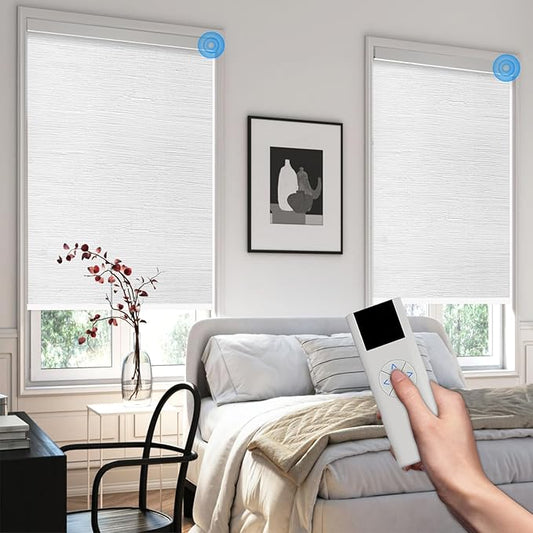 COOLWINDS Motorized Blinds with Remote Cordless Automatic Motorized Shades Custom Blinds for Windows Smart Curtains Compatible with Alexa Google Home(Blackout Jacquard White,W34 x H72in)