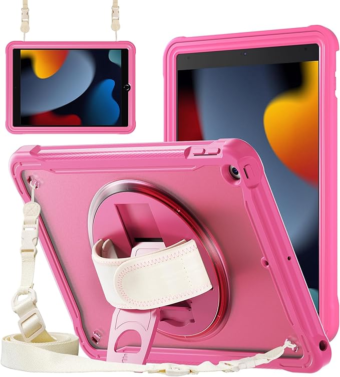 ZenRich Clear Case for iPad 9th/8th/7th Generation 10.2 inch 2021/2020/2019, Shockproof Slim Hard Case with Pencil Holder/360°Rotating Kickstand/Handle/Carrying Strap, Rose