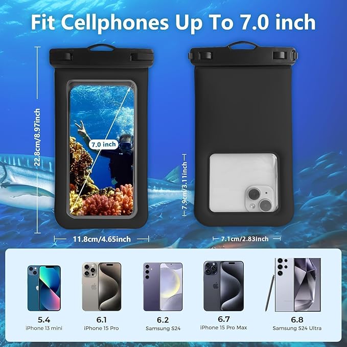 Floatable Waterproof Phone Pouch Case 2 Pax for iPhone 16 Pro Max/15/14/13/12, IP68 Travel Cellphone Dry Bag Beach Cruise Ship Essentials Bags with Crossbody Lanyard,Blue and Black-7″