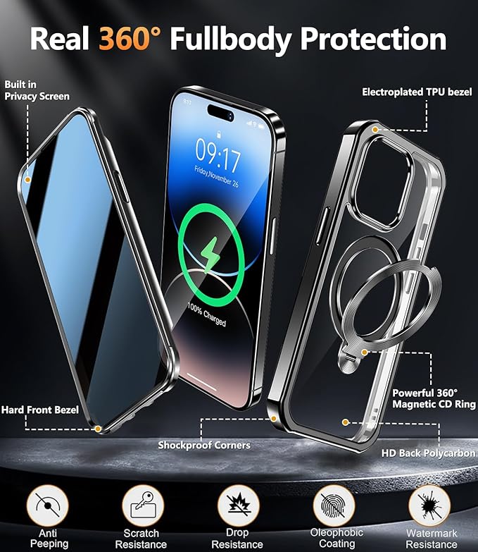 [360° Rotatable CD Stand & Built-in Privacy Screen Magnetic Case for iPhone 14 Pro [Compatible with MagSafe & Full Signal] Mil-Grade Shockproof Full Body Anti-Spy Cover for 14 Pro-Black