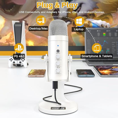 ZealSound USB Microphone,Quick Mute Noise Cancel for Phone Computer PC PS5,Gaming Microphone with Gain Control,Echo Monitor Volume Adjust for Streaming Vocal Recording ASMR Podcast Video K66 White