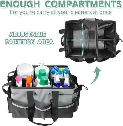 Boczif Cleaning Caddy Bag Wearable, Supplies Organizer With Handle, Shoulder Straps & Detachable Divide, Tool Organizers Tote for Cleaners & Housekeepers (Grey)