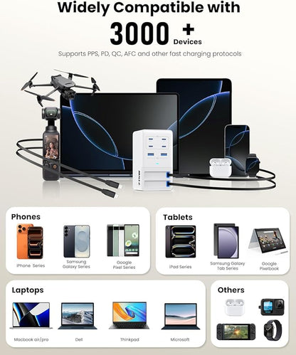 USB C Charger 275W Charging Station with Retractable Dual Cables,Upgraded 8-in-1 GaN IV Fast Charging Hub Block+PD QC PPS 65W Laptop Adapter for MacBook Pro/Air,iPad,iPhone 17/Pro,Galaxy S24,Dell
