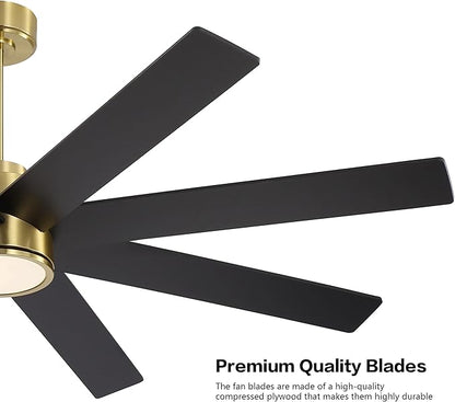 WINGBO 60" Large DC Ceiling Fans with Lights and Remote, 3 Downrods, 8 Plywood Blades, 6-Speeds Reversible DC Motor, 3CCT, Indoor Ceiling Fan for Bedroom Living Room Patio, Brass and Black