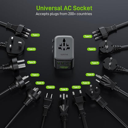 Epicka Pulse Duo 45W Universal Travel Adapter, International Power Adapter with PD & QC 3.0 Fast Charging for 2 Devices Simultaneously, European Travel Plug Adapter, Travel Essentials (Black)