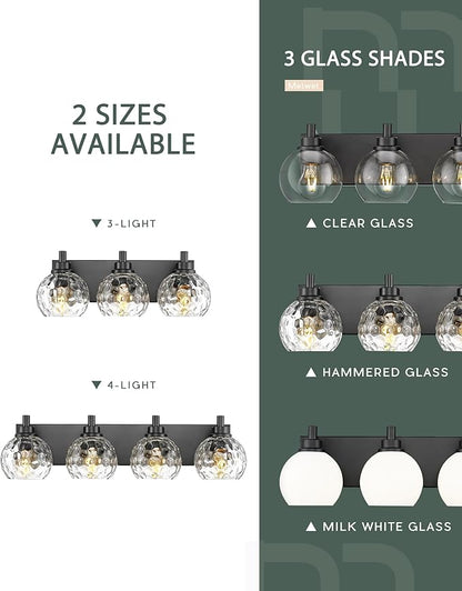 METWET Bathroom Light Fixtures Over Mirror, 3-Light Matte Black Vanity Light with Clear Hammered Glass Globe Shade, Modern Sconces Wall Lighting for Bedroom Hallway, VL200-MB-3