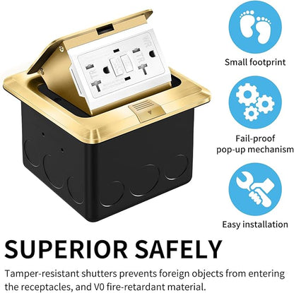 Vagueior Pop-Up Floor Box Kit, 20A Tamper-Weather Resistant Receptacle GFCI Outlet, Corrosive Resistant Hardware, ETL Certified,Gold(1 Pack)