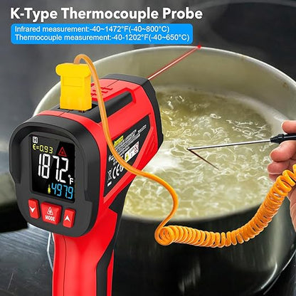 Infrared Thermometer Temperature Gun, TEMIRUP Digital IR Laser Thermometer -40°F~1472℉,K-Type Probe -40°F~1202°F, IR Temp Gun for Cooking, Pizza Ovens, Griddles, Meat, HVAC, Home & Industrial