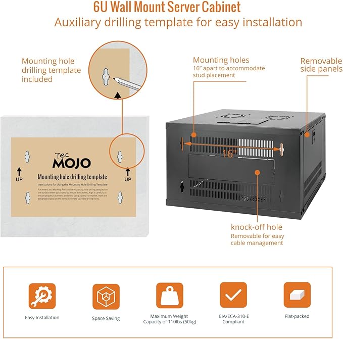 Tecmojo 6U Wall Mount Server Cabinet IT Network Rack Enclosure Lockable Door and Side Panels Black, Cooling Fan, Standard Glass Door, 450mm Depth, for 19” IT Equipment, A/V Devices