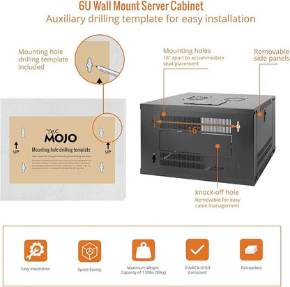 Tecmojo 6U Wall Mount Server Cabinet IT Network Rack Enclosure Lockable Door and Side Panels Black, Cooling Fan, Standard Glass Door, 450mm Depth, for 19” IT Equipment, A/V Devices