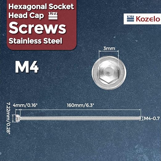Kozelo 4pcs Socket Head Cap Screws - [M4-0.7 x 160mm] 304 Stainless Steel Allen Socket Drive for Electrical Motor 3D Printing Fan Engine Replacement Use, Silver