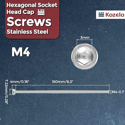 Kozelo 4pcs Socket Head Cap Screws - [M4-0.7 x 160mm] 304 Stainless Steel Allen Socket Drive for Electrical Motor 3D Printing Fan Engine Replacement Use, Silver