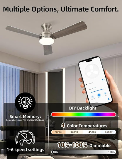 Homlit 42" RGB Ceiling Fan with Light, Music Sync Smart Fan with Alexa/Google/App Control, Low Profile Flush Mount, 6-Speed Quiet DC Motor, 4 CCT Dimmable Lighting for Bedroom Living Room