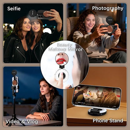PrielPaek 3-in-1 Magnetic Beauty Selfie Light for Phones, with 2.4" Mirror Magnetic Selfie Light, Adjusted 3 Modes, Rechargeable Fill Light for Selfies, for Photography,Makeup,Vlog,TikTok,Video(Black)