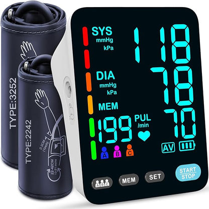 YONLO Blood Pressure Monitor, Automatic Upper Arm Blood Pressure Monitors for Home Use, 2 Blood Pressure Machine Cuff(9-17in & 13-21in) with Large LED Backlit Display, 3x199 Reading Memory Users White