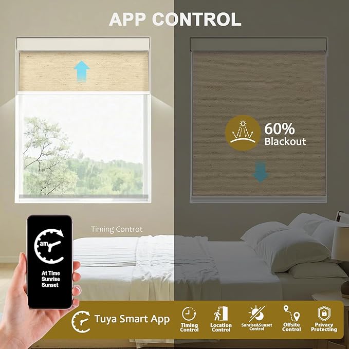 COOLWINDS Motorized Blinds with Remote Cordless Automatic Motorized Shades Custom Blinds for Windows Smart Curtains Compatible with Alexa Google Home(Light Filtering Linen Soft Dunes,W45 x H72in)