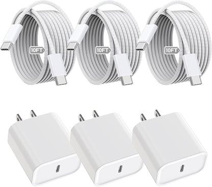 iPhone 16 15 Charger Fast Charging,3Pack 20W Fast Charging USB C Charger with 10Foot Long Type C to C Cable Cord TypeC Block Brick for iPhone 17/16e/16/16Pro/16 Plus/16 ProMax/15 Pro,iPad Air/Pro/Mini