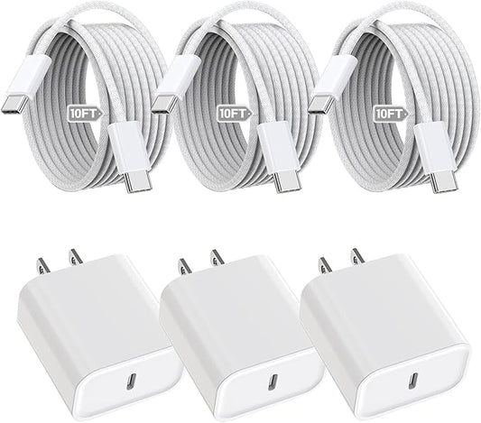 iPhone 16 15 Charger Fast Charging,3Pack 20W Fast Charging USB C Charger with 10Foot Long Type C to C Cable Cord TypeC Block Brick for iPhone 17/16e/16/16Pro/16 Plus/16 ProMax/15 Pro,iPad Air/Pro/Mini