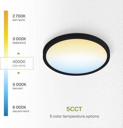 ASD LED 9" Round Flush Mount Ceiling Light Fixture, Low Profile Surface Lighting | 5CCT, Dimmable, Ultra-Thin, ETL Listed | 18W 1660LM 2700-6000K 120V | Kitchen, Bedroom, Hallway Lamp | Black, 6 Pack