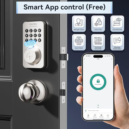 Ulecoce Fingerprint Keypad Deadbolt with Handle Set, Keyless Entry Door Lock, Door Locks for Front Door Lock Set, App Control, Auto Locking, Easy to Install, Satin Nickel
