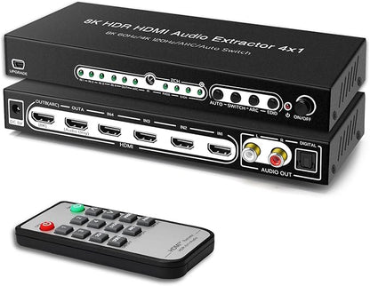 8K 60HZ HDMI Switch 4 In 1 Out with 7.1CH Audio Extractor and ARC, FERRISA HDMI 2.1 Switch Audio Converter Support Optical, L/R Audio, 4x1 HDMI Switch with Remote Support CEC, UHD, HDCP2.2, 3D, 40Gbps