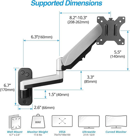 AVLT Single Extended 13"-32" Wall Mount - Curved/ Flat Monitor, Full Motion Height Swivel Tilt Rotation Adjustable Arm - VESA/Cable Management