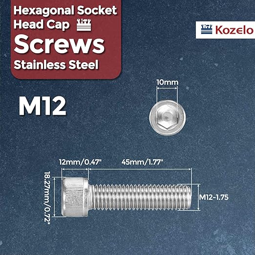 Kozelo 4pcs Socket Head Cap Screws - [M12-1.75 x 45mm] 304 Stainless Steel Allen Socket Drive for Electrical Motor 3D Printing Fan Engine Replacement Use, Silver