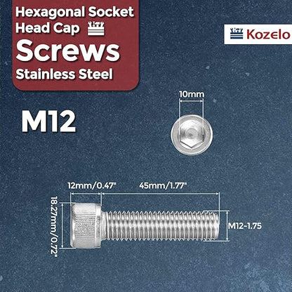 Kozelo 4pcs Socket Head Cap Screws - [M12-1.75 x 45mm] 304 Stainless Steel Allen Socket Drive for Electrical Motor 3D Printing Fan Engine Replacement Use, Silver