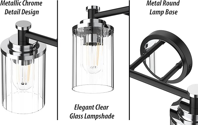 PHIXART Bathroom Lighting Fixtures Black and Chrome Bathroom Vanity Light with Cylindrical Clear Stripes Glass Lampshade E26 Socket Base Bathroom Lighting Fixtures Over Mirror (2 Lights)