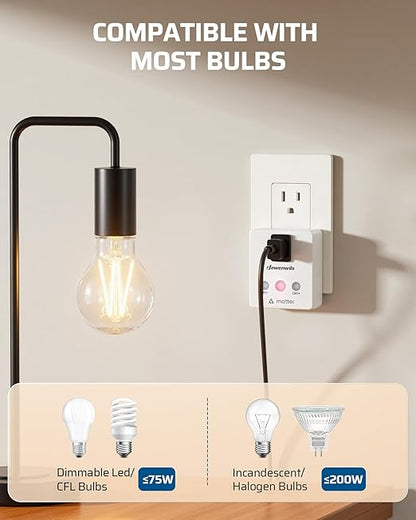 DEWENWILS Matter Plug in Dimmer Switch for Lamp, Works with Alexa, Compatible with Google Home & SmartThings APP Voice Wireless Dimmer Button Control, Dimmable LED/Tungsten Bulbs, 2.4G Wi-Fi, White