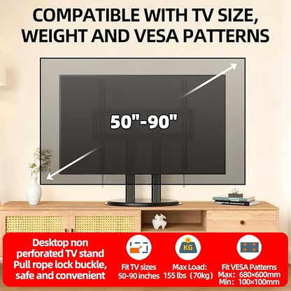 XinleTech Table Top TV Stand with Heavy-Duty Metal Base,Universal TV Stand for 50-90 inch TVs,Height Adjustable TV Mount Stand,No Drill Installation, Max VESA 680x600mm, Holds up to 155lbs,XL-DZ750