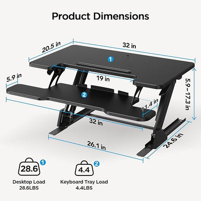 HUANUO 32" Z Shaped Stable Standing Desk Converter, Height Adjustable Sit Stand Up Desk Riser, Dual Monitor and Laptop Workstation with Wide Keyboard Tray, Desk Lifter for Home Office