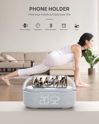 COLSUR Bluetooth Speaker Alarm Clock with Wireless Charger, FM Radio, Adjustable LED Night Light, 6 in 1 Bedroom Portable Speaker 2500mAh, Phone Stand for Bedside, Home, Office, Gift (Gray)